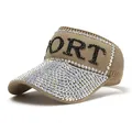 Khaki knitted sports sun visor with rhinestone decorations and SPORT lettering - M(56-58cm) / Khaki