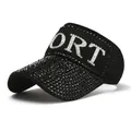 Sparkling black rhinestone empty top sun visor hat with silver SPORT lettering detail - M(56-58cm) / Black