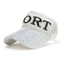 White open top sun hat with sparkling rhinestones and black SPORT embroidery detail - M(56-58cm) / White