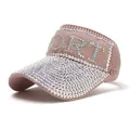 Pink knitted sun visor for women with sparkling SPORT rhinestone lettering on front - M(56-58cm) / Pink
