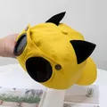 Detalle de la gorra amarilla con orejas de gato, gafas de piloto y textura de sarga de algodón - M (56-58cm) / Amarillo