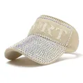 Beige knit sun visor for women with sparkling rhinestones and SPORT letter logo - M(56-58cm) / Beige