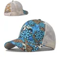 Women's floral and leopard print baseball cap with ponytail cross bands and mesh back - Leopard Print Blue Floral Patchwork (Gradient 003)