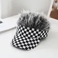 Checkerboard pattern wig baseball cap with fuzzy faux hair and stylish black and white grid - Adult, Hat Circumference 58cm Adjustable / Grey Wig