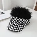 Detail of checkered visor hat with black hair wig and black white plaid pattern - Adult, Hat Circumference 58cm Adjustable / Black Wig