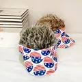 Detail view of two sun visors with synthetic hair featuring US flag star and stripe patterns - Pattern 7 - Gray Wig
