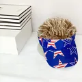 Close-up of blonde wig hair on American flag baseball cap with blue star pattern - Pattern 4 - Brown Wig