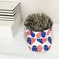 Detail of USA flag heart print and grey synthetic hair on a white visor sun hat - Pattern 5 - Gray Wig