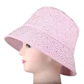 Detail view of pink cotton bucket hat with sparkling rhinestones on the wide brim - M (56-58cm) / Pink
