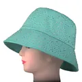 Detail view of mint green bucket hat with colorful rhinestones on mannequin head - M (56-58cm) / Cyan