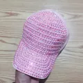 Detailed view of pink baseball cap featuring luxurious rhinestone and pearl embellishments - Pink Ab Diamonds + Pink Pearls / Adult, Adjustable