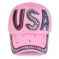 Close-up of pink denim baseball cap with USA rhinestones and sparkling brim details - Pink