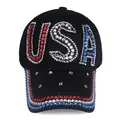 Close-up of USA letters in red, white and blue rhinestones on black denim baseball cap - Black
