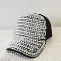 Fashionable black baseball cap featuring elegant white pearls and silver rhinestones - Adult Size (Adjustable) / Black