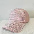 Pink baseball cap for women decorated with elegant faux pearls and sparkling rhinestones - Pink Ab Diamonds + White Pearls / Adult, Adjustable