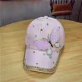 Detail of pink cotton baseball cap with sequined butterfly, pearls and rhinestone brim - Adjustable / Pink Butterfly Cloth Style