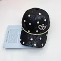 Elegant black lace baseball cap with sparkling rhinestones and heart-shaped metal accents - Adult (Adjustable) / Black