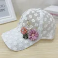 White lace mesh baseball cap with organza flowers and rhinestone deer ornament - Adult (Adjustable Circumference 58cm) / Deer Style / White