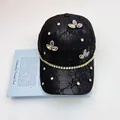 Elegant black lace baseball cap with sparkling rhinestone butterfly and floral patterns - Adult, Adjustable / Black