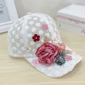 Breathable white lace baseball cap with 3D handmade flowers and sparkling rhinestones - Adult (Adjustable Circumference 58cm) / Large Flower Style / White
