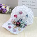 Women's white lace mesh baseball cap with handmade floral embroidery and rhinestones - Adult (Adjustable Circumference 58cm) / Small Flower Style / White