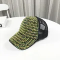 Macro detail of luxury baseball cap with intricate gold and green rhinestone embellishments - Adult, Adjustable / Green Gold