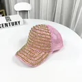 Pink fashion trucker hat with golden beads and rhinestones on white table - Adult, Adjustable / Pink Gold