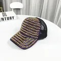 Luxury black mesh baseball cap with gold beads and purple rhinestones decoration - Adult, Adjustable / Purple Gold