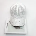Elegant white lace baseball cap with sparkling rhinestones on a minimalist white background - Adult Size (Adjustable) / White