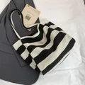 Borsa tote classica in tela a righe bianche e nere con grande capacità per donna - Nero