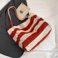 Grande borsa tote in tela a righe rosse e bianche per donne pendolari e shopping - Rosso