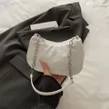 White floral jacquard half-moon bag with silver chain and white leather strap - White