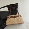 Retro khaki suede tote bag with dark brown leather straps and metallic buckle detail - Khaki