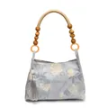 Blue canvas floral tote bag with unique wooden bead handles and decorative grey tassel - Blue