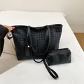 Retro black houndstooth tote bag set with matching small zipper pouch and dual handles - Black