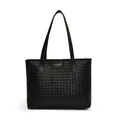 Große schwarze gewebte Shopper-Tasche mit Doppelriemen und metallischem Etikett - Schwarz