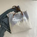 Μπλε και λευκή υφασμάτινη τσάντα tote με τύπωμα Summer και καφέ δερμάτινα λουράκια - Μπλε