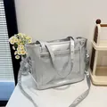 Silver fashion tote bag with clear PVC pocket and adjustable shoulder strap accessory - Silver