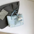 Light blue oversized shoulder tote bag with colorful embroidery and cloud charm - Blue with Pendant