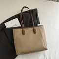 Chic beige and brown contrast tote bag with long dual handles for daily commute - No Pendant / Khaki