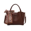 Brown leather bucket bag with decorative scarf and detachable shoulder strap in main view - Brown