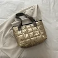 Champagne gold quilted space cotton tote bag with stylish printed ribbon handles - Gold