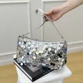 Sac de soirée chic en paillettes argentées pour femmes avec bandoulière en cuir - Argent