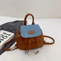 Mini backpack in brown PU leather and light blue denim featuring beaded drawstring detail - Brown with Blue Denim Style / Brown