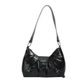 Bolso de hombro plisado de gran capacidad en cuero brillante con hebilla retro - Negro
