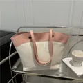 Minimalist cream woven straw tote bag with pink leather trim for summer beach vacations - Large / Rice Pink