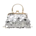 Elegante silberne Pailletten-Abendtasche mit goldenem Blumengriff und Kette für Damen - Silber