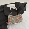 Vintage floral jacquard tote bag with white leather straps and silver butterfly buckle - Pink