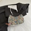Floral jacquard crescent underarm bag with white leather trim and silver bow detail - Blue