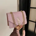 Pink sequin crossbody bag with gold metal tassel and chain strap in hand - Pink